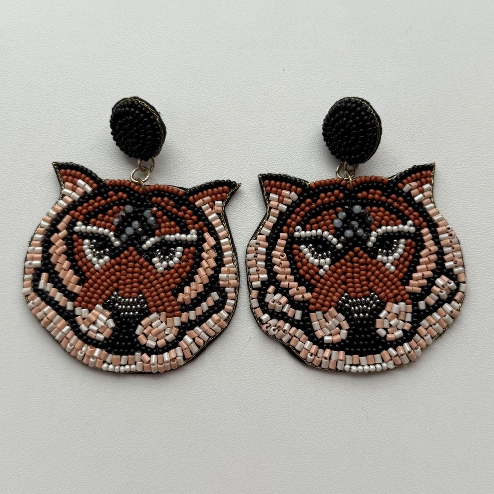 Beaded Tiger Head Drop Earrings Orange Black White Animal Print Statement Studs